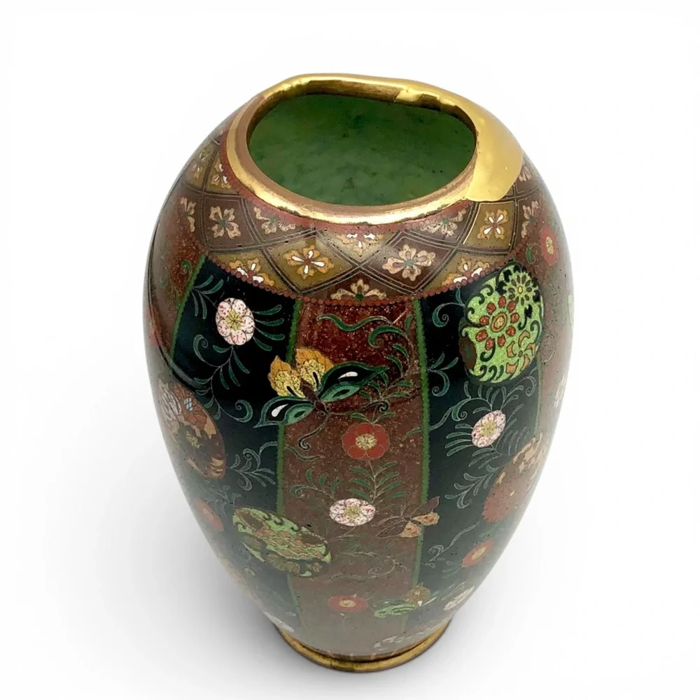 Antique Japanese Meiji Cloisonne Goldstone Vase Fine Kintsugi Art Repair